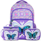 Eazy Kids 3D Butterfly 18Inch Backpack With Lunch Bag and Pencil Case - Purple (Set of 3)