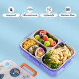 Eazy Kids 3 Compartment Stainless Steel bento Lunch Box, 800ml With Lunch Bag - Skate Board Purple