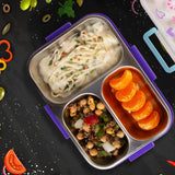 Eazy Kids 3 Compartment Stainless Steel bento Lunch Box, 800ml With Lunch Bag - Floral Purple