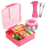 Eazy Kids 3/4 Convertible Jumbo Bento Lunch Box With Staineless Steel Bowl, Spoon & Fork Set And Pouch - Pink