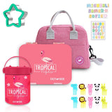 Eazy Kids Tropical 6 Compartment Bento Lunch Box, Steel Food Jar With Lunch Bag - Pink
