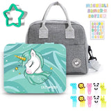 Eazy Kids Unicorn 6 Compartment Bento Lunch Box Green With Lunch Bag Grey