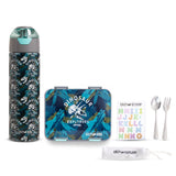 Eazy Kids 6 & 4 Convertible Bento Lunch Box With Water Bottle, Steel Spoon & Fork Set and Alphabets Sticker - T-Rex