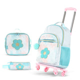 Eazy Kids Flora 18Inch Backpack with 4 Wheel Trolley, Lunch Bag and Pencil Case Set - Green (Set of 4)