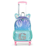 Eazy Kids Girl Glitter 17Inch Backpack with 4 Wheel Trolley, Lunch Bag and Pencil Case Set - Green (Set of 4)