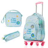Eazy Kids Little Daisy 17Inch School Bag With 4 Wheel Trolley, Lunch Bag and Pencil Pouch Set - Green (Set of 4)