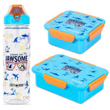 Eazy Kids Jawsome Lunch Box, Tritan Water Bottle With 2in1 Drinking Flip Lid and Sipper -Blue