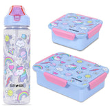 Eazy Kids Unicorn Lunch Box, Tritan Water Bottle With 2in1 Drinking Flip Lid and Sipper - Blue