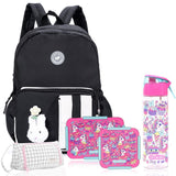 Eazy Kids Unicorn School Bag Combo Set - Pink Black (Set of 5)