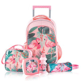 Eazy Kids Tropical 17Inch Trolley School Bag with Lunch Bag, Pencil Case, Lunch Box and Water Bottle - Pink (Set of 5)