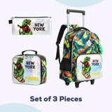 Eazy Kids New York Dinosaur 16Inch Trolley School Bag, Lunch Bag & Pencil Case - Green (Set of 3)