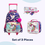 Eazy Kids Unicorn Chrome 16Inch Trolley School Bag, Lunch Bag ANd Pencil Case- Blue (Set of 3)