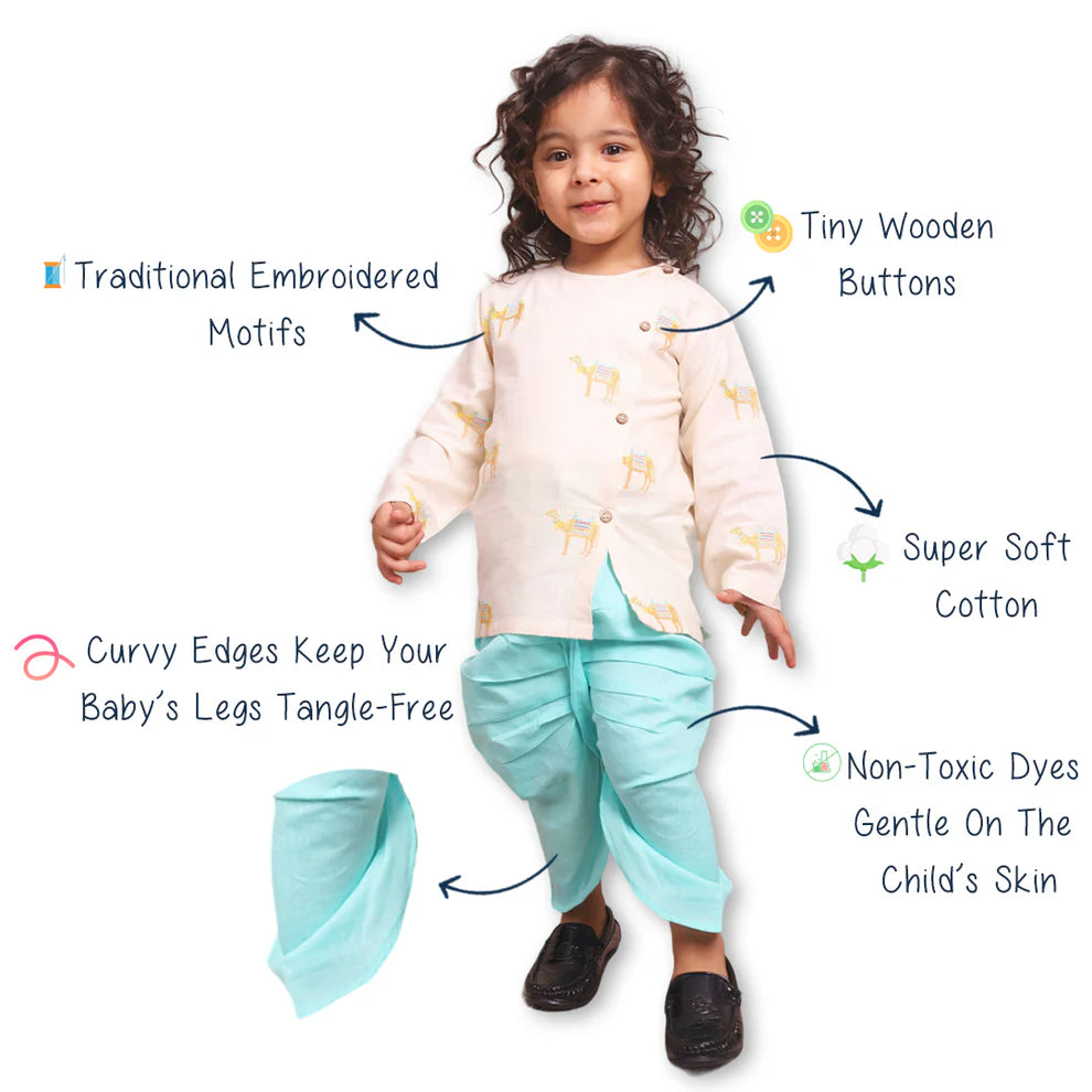 Polka Tots Full Sleeves Camel Embroidery Baby Angrakha Top With Dhoti - cream