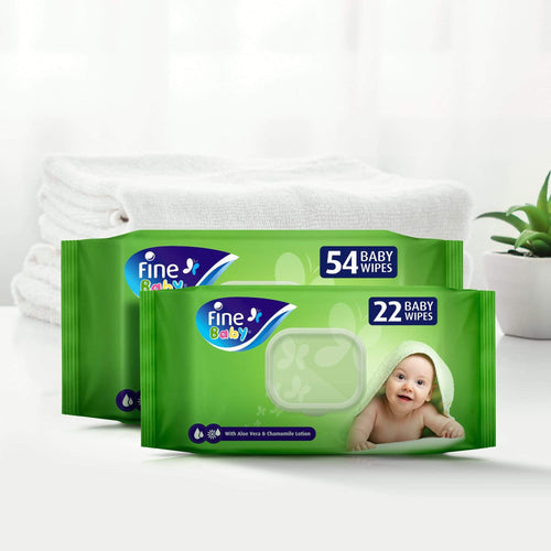 Fine Baby Wipes With Aleo Vera & Chamomile Lotion -  54pcs - Laadlee