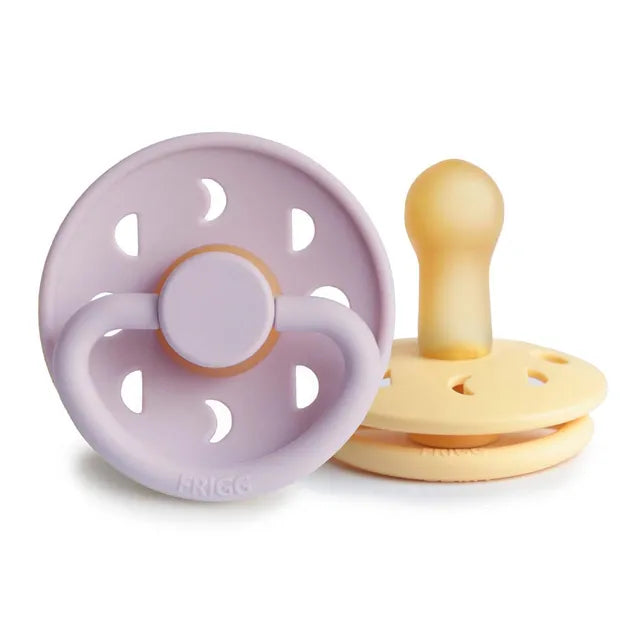 Frigg Moon Phase Latex Baby Pacifier 6M-18M, 2Pack, Pale Daffodil/Soft Lilac - Size 2 - Laadlee
