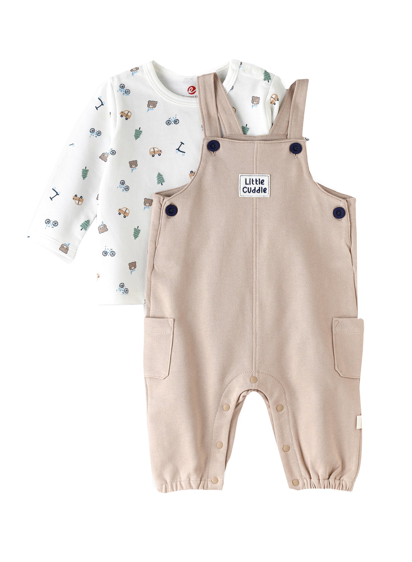 Elegant Kids Baby Boy Beige 'Little Cuddle' Overalls and Printed Long-Sleeve Set