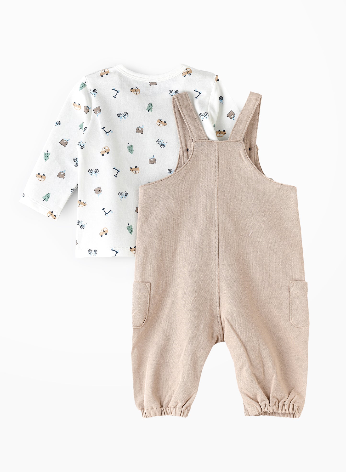 Elegant Kids Baby Boy Beige 'Little Cuddle' Overalls and Printed Long-Sleeve Set