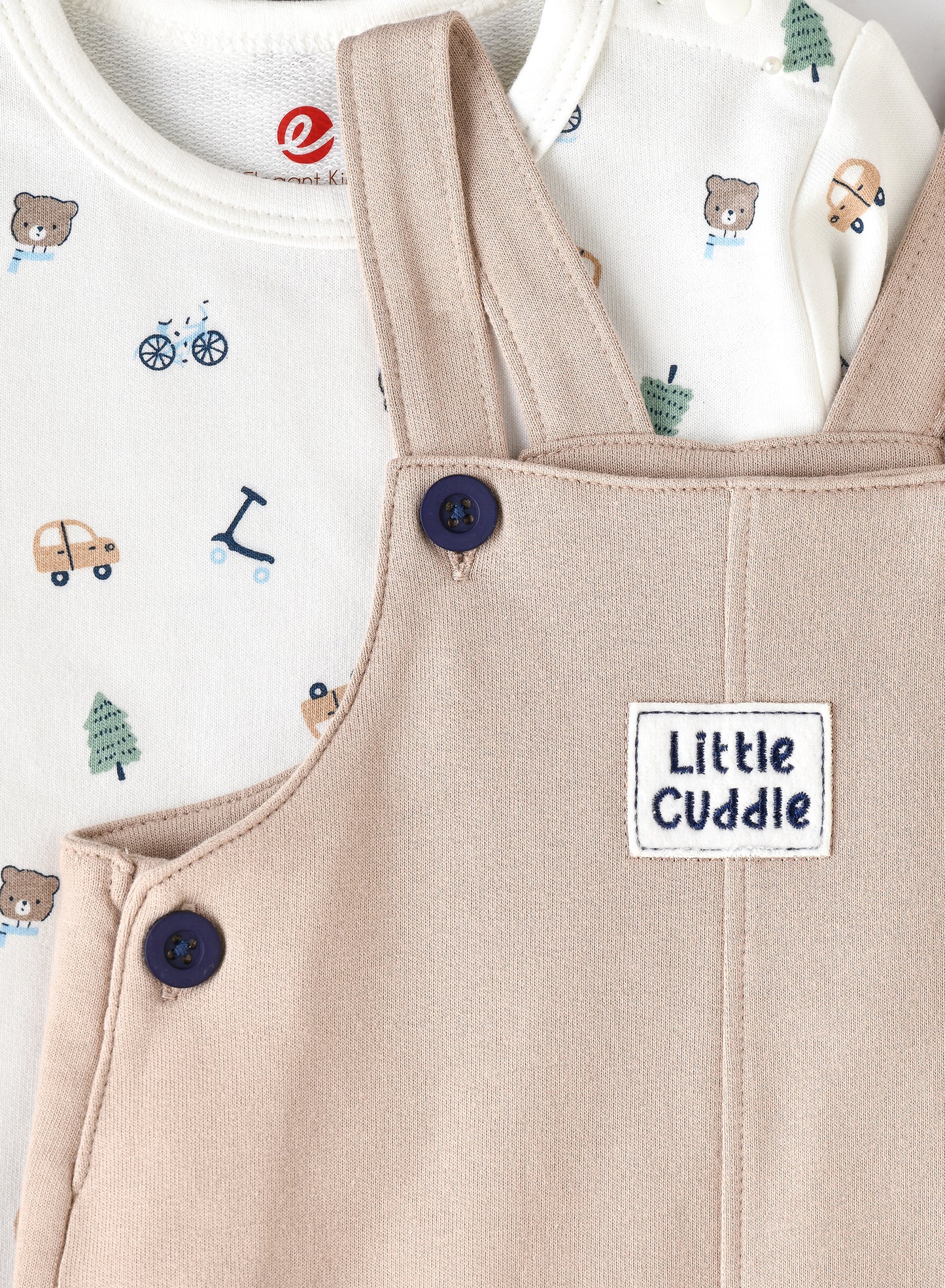 Elegant Kids Baby Boy Beige 'Little Cuddle' Overalls and Printed Long-Sleeve Set