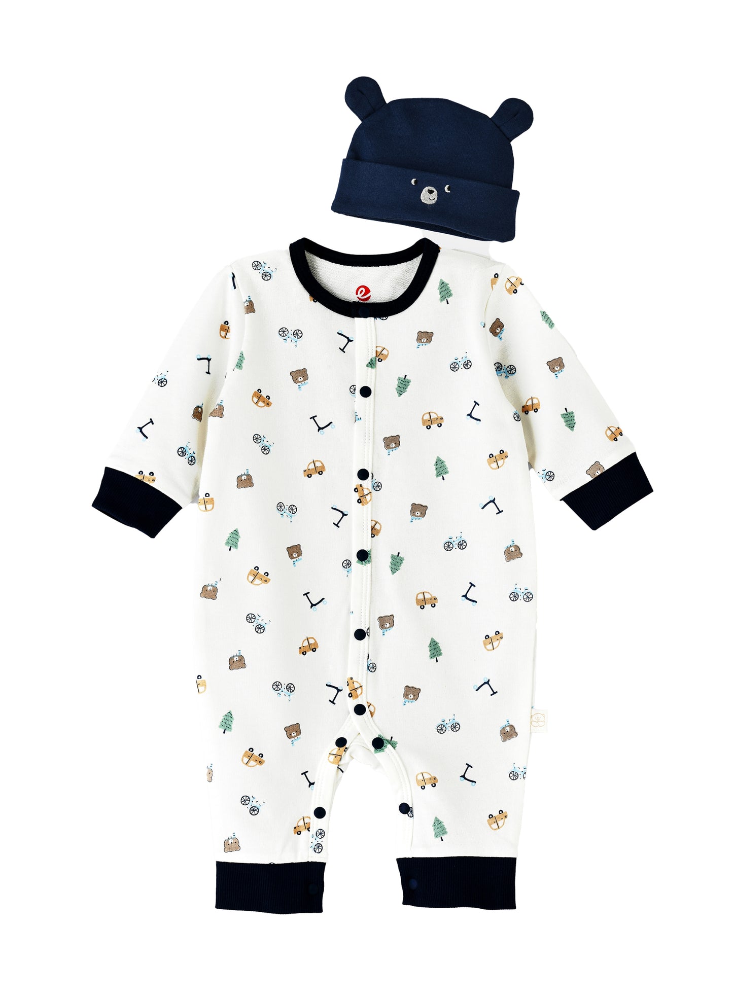 Elegant Kids Baby Boy Bear Printed Romper with Hat Set - White & Navy