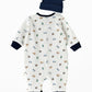 Elegant Kids Baby Boy Bear Printed Romper with Hat Set - White & Navy