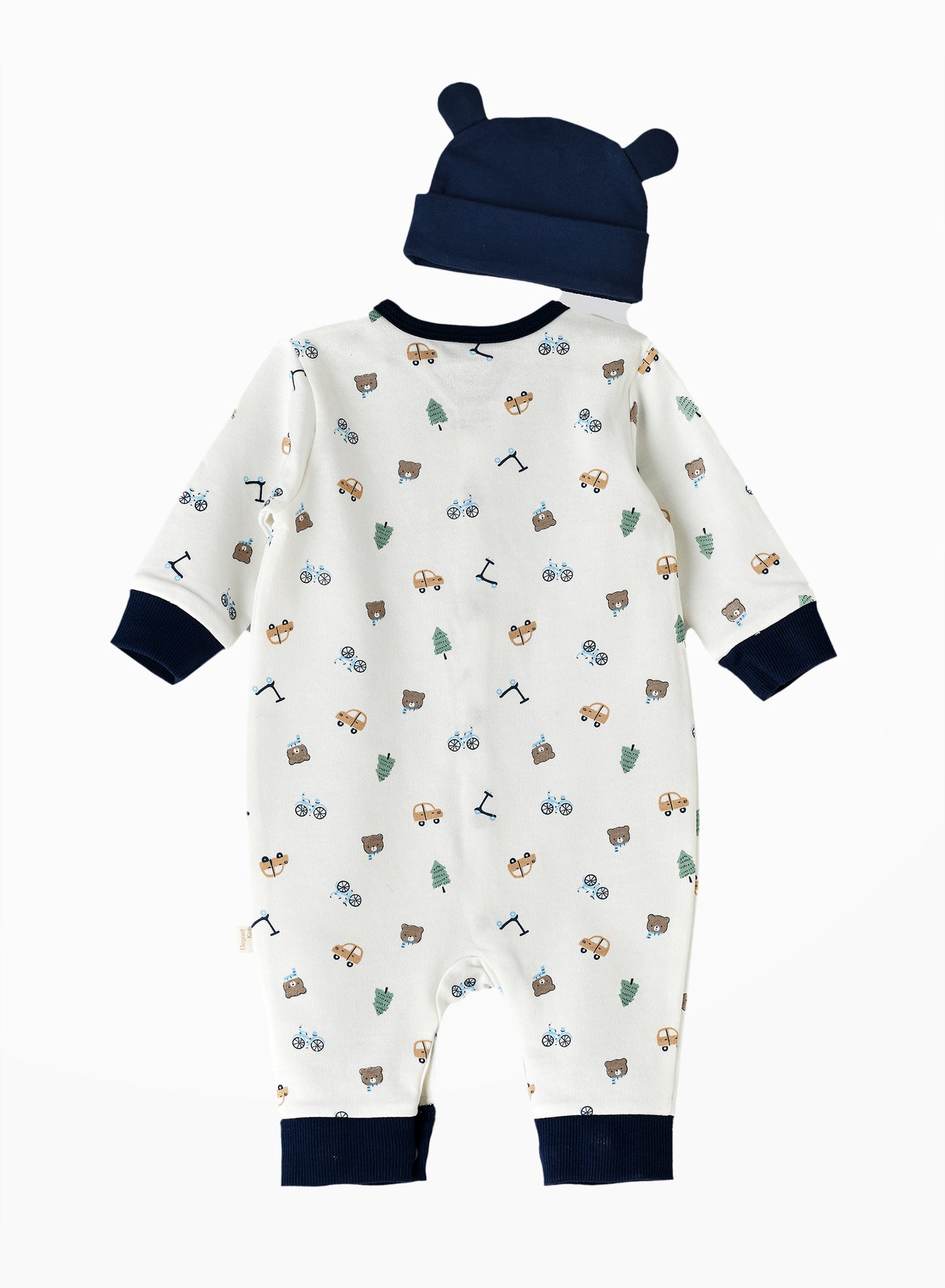 Elegant Kids Baby Boy Bear Printed Romper with Hat Set - White & Navy