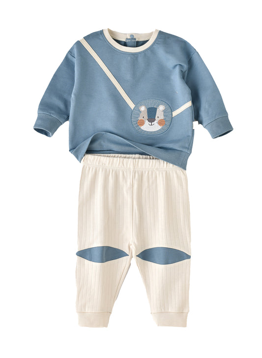 Elegant Kids Cozy Bear Kids Two-Piece Sweatshirt and Pants Set - White & Blue