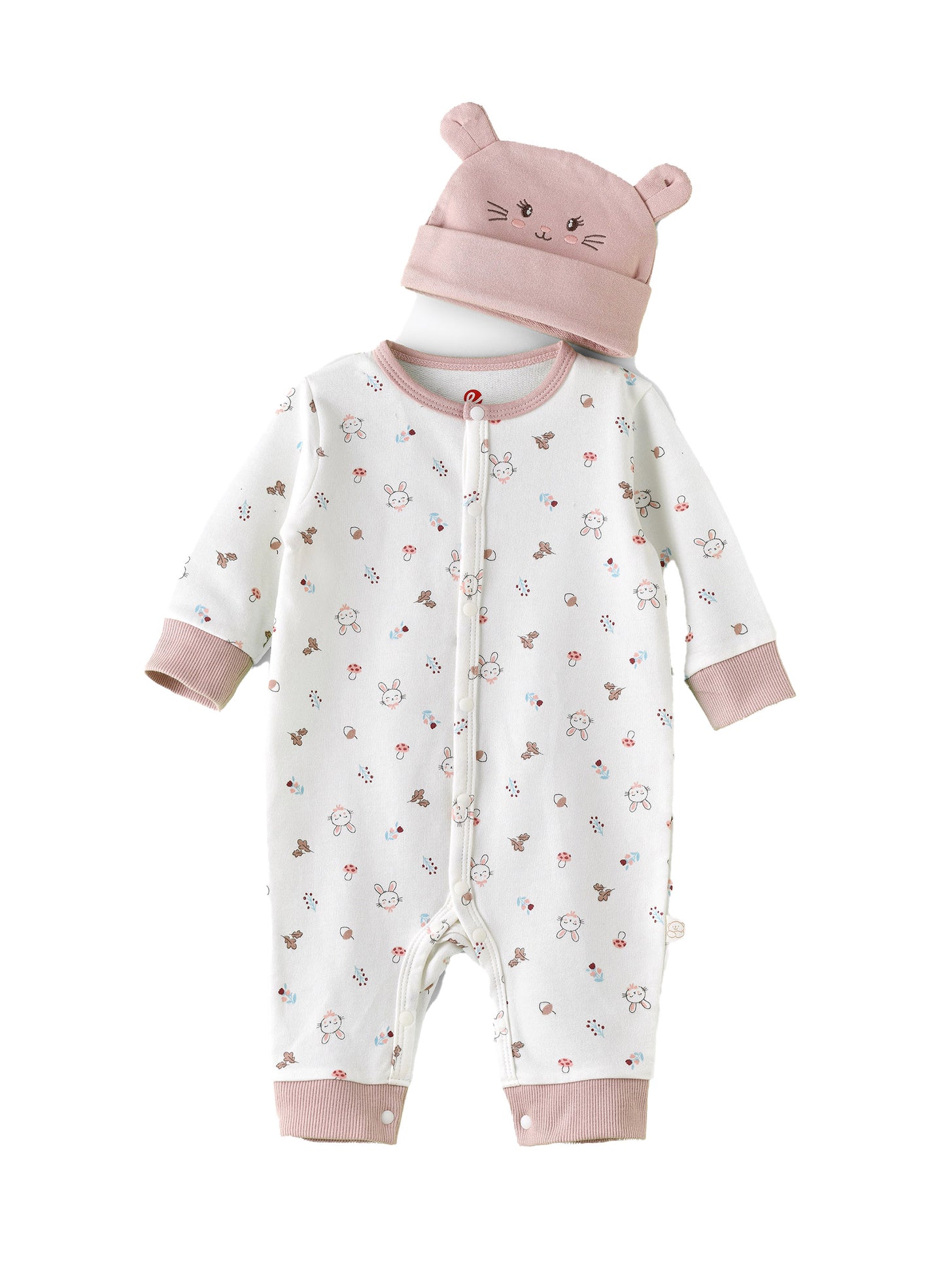 Elegant Kids Baby Onesie with Bunny Print and Hat - White