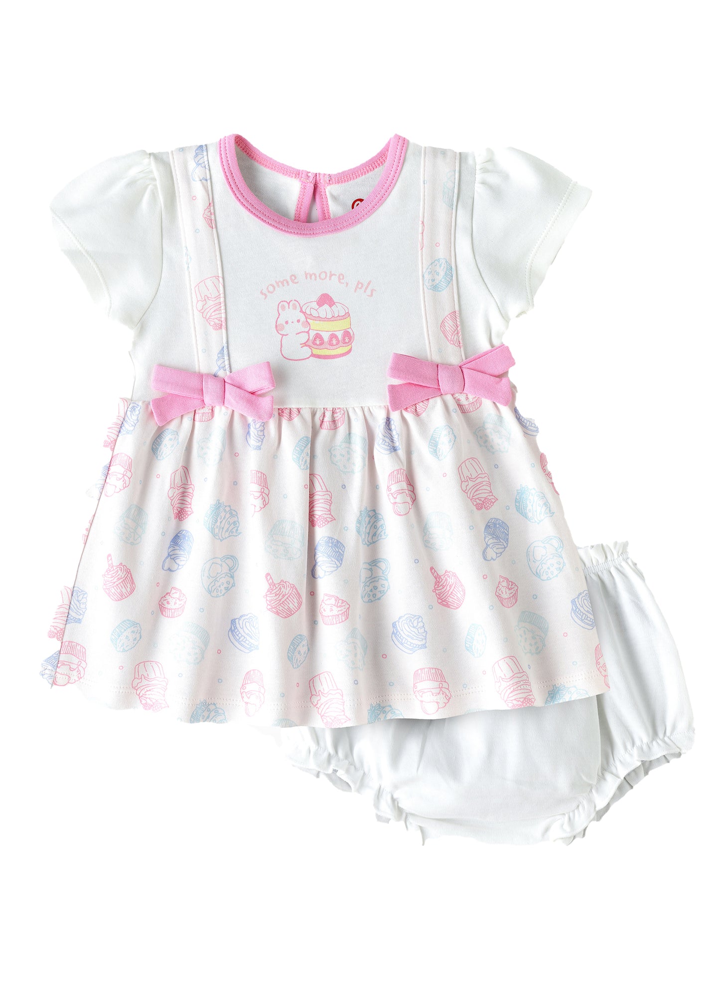 Elegant Kids All Over Cup Cake Printed Frock With Bloomer - White & Pink