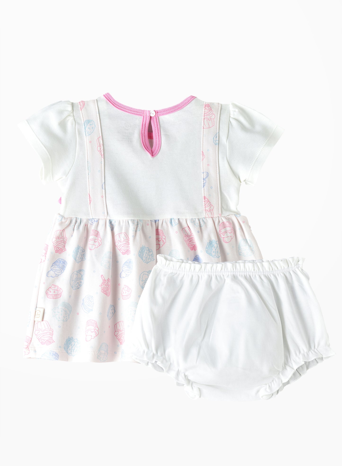 Elegant Kids All Over Cup Cake Printed Frock With Bloomer - White & Pink