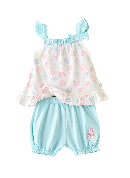 Elegant Kids Baby Cupcake Print Top and Shorts Set with Bows