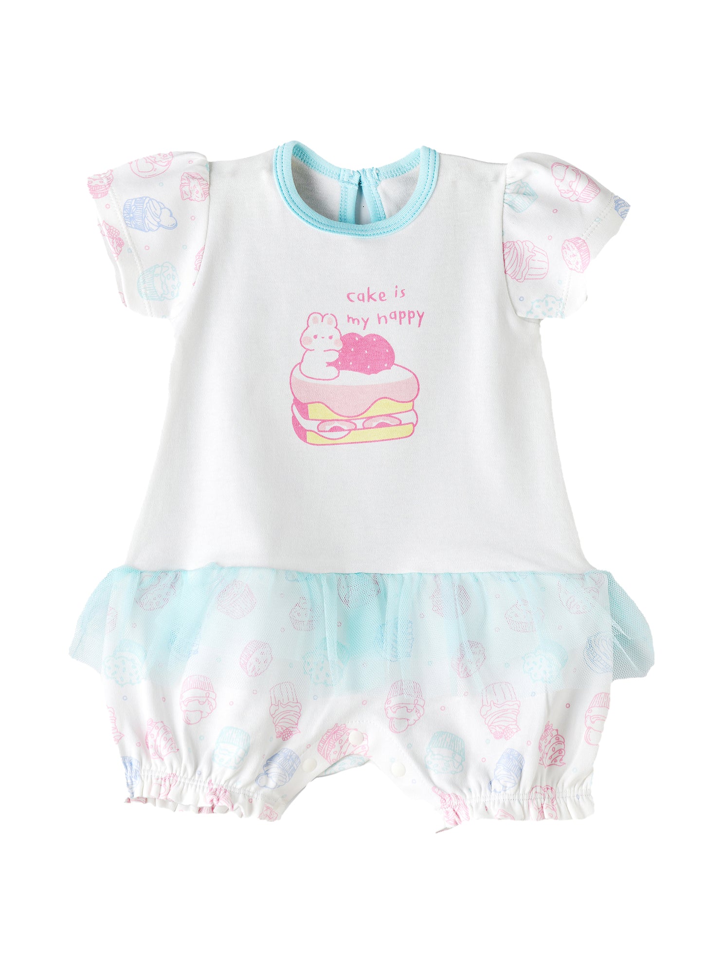 Elegant Kids Baby Girl Cake is My Happy Romper -  White & Blue