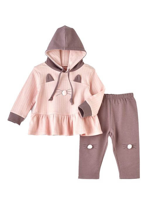 Elegant Kids Girls Cat Hoodie and Leggings Set - Pink