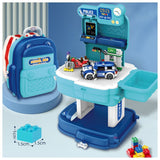Little Story 2-In-1 Mode Police Station With Police Car And Block Toy Set School Bag (219 Pcs) - Blue