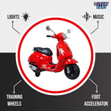 Vespa Kids Power Riding Motorbike with Side Support Wheels 12V - Red