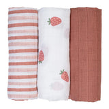Lulujo Muslin Cloths 100% cotton (70cm x 70cm) - Strawberries (Pack of 3)
