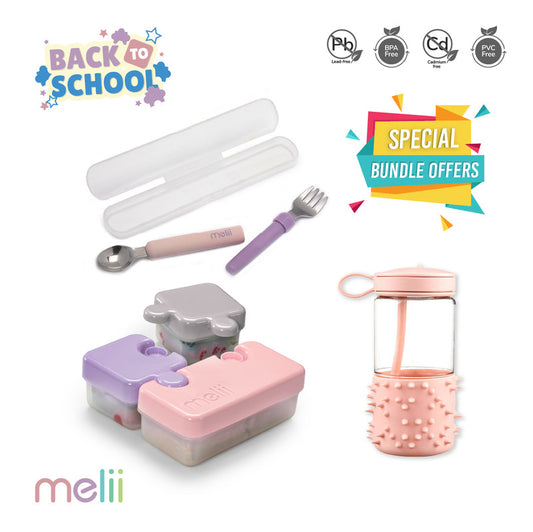 Melii Back To School Bundle - Snack Box, Bottle & Utensil Set - Pink & Purple - Laadlee