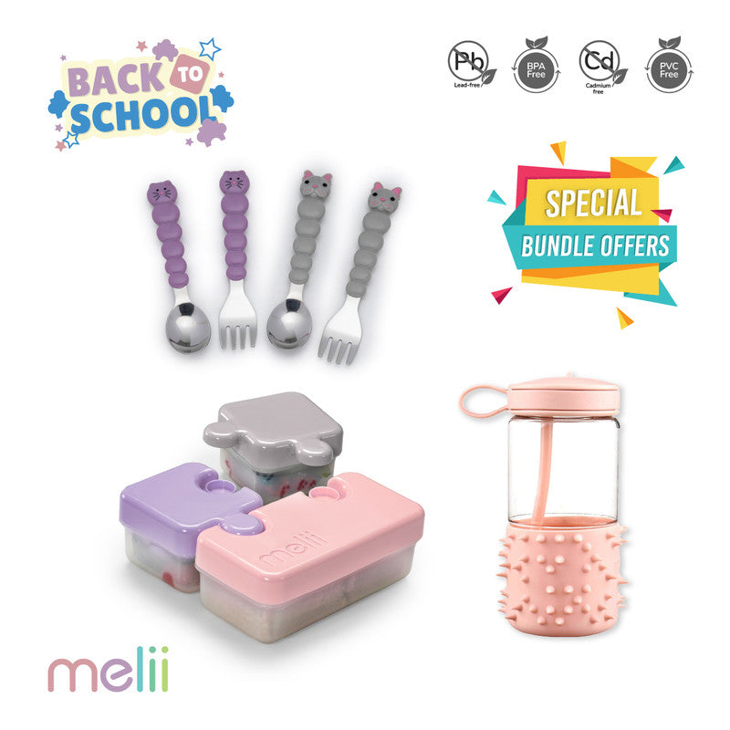 Melii Back To School Bundle - Snack Box, Bottle & Utensil Set - Purple & Grey - Laadlee