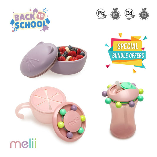 Melii Back To School Bundle - Snack Box, Bottle & Utensil Set - Purple & Pink - Laadlee