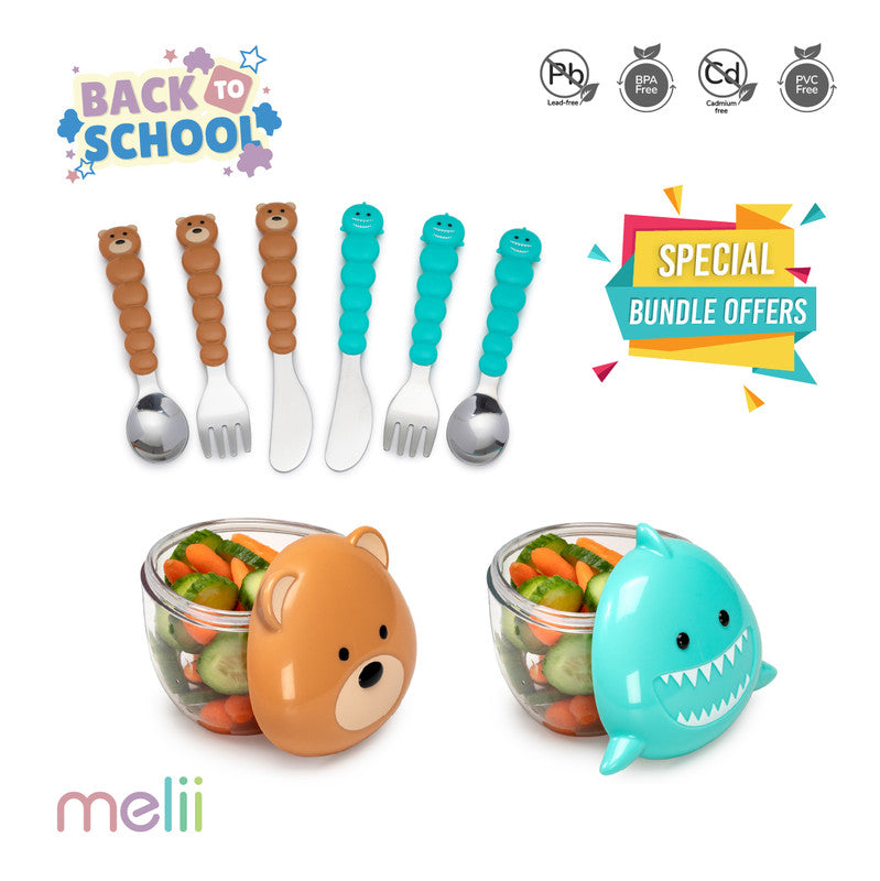 Melii Back To School Bundle - Snack Box & Utensil Set - Turquoise & Brown - Laadlee