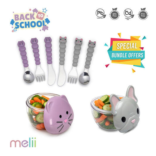 Melii Back To School Bundle - Snack Box & Utensil Set - Purple & Grey - Laadlee