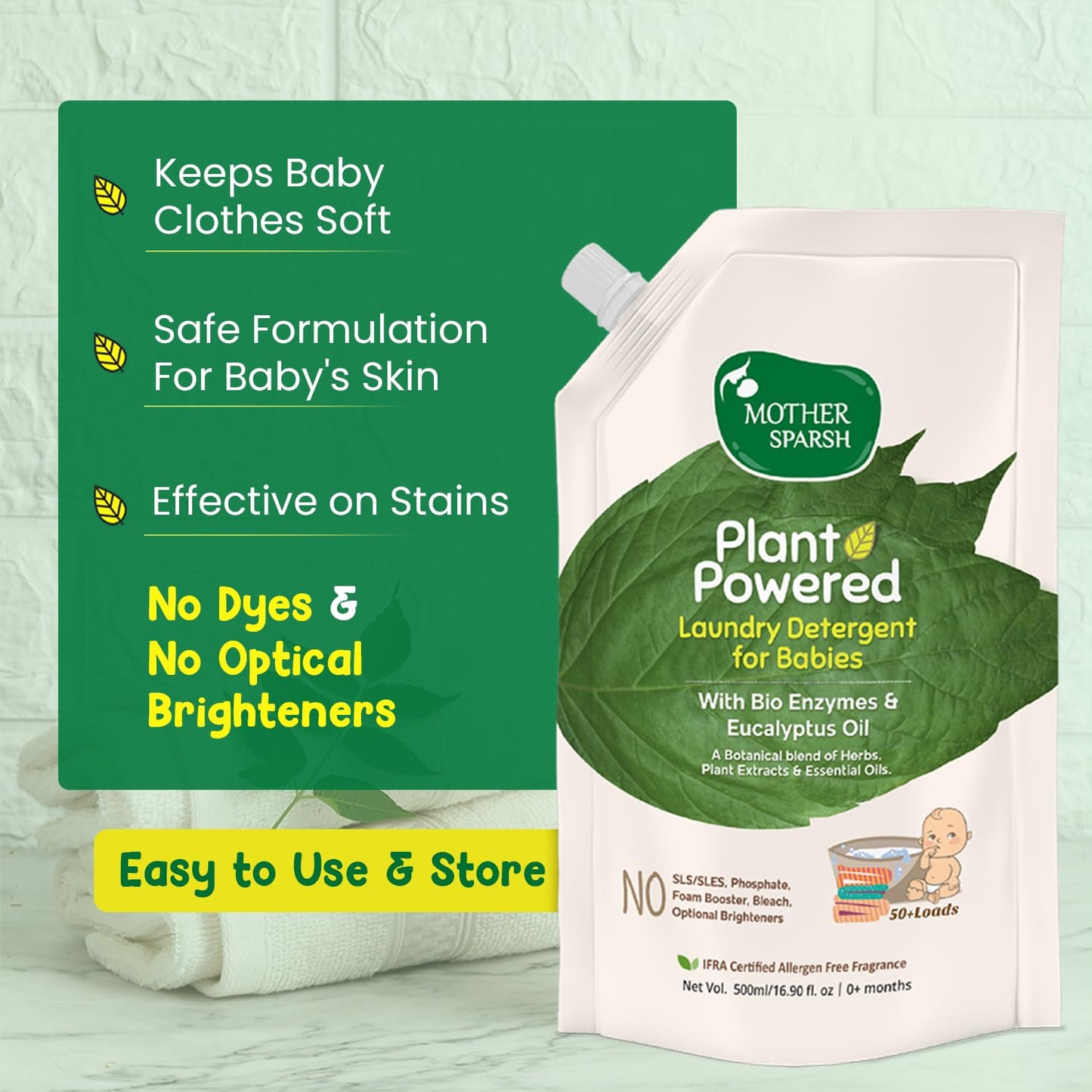 Mother Sparsh Plant Powered Laundry Detergent for Babies - Refill Pack - 500ml (Pack of 2)
