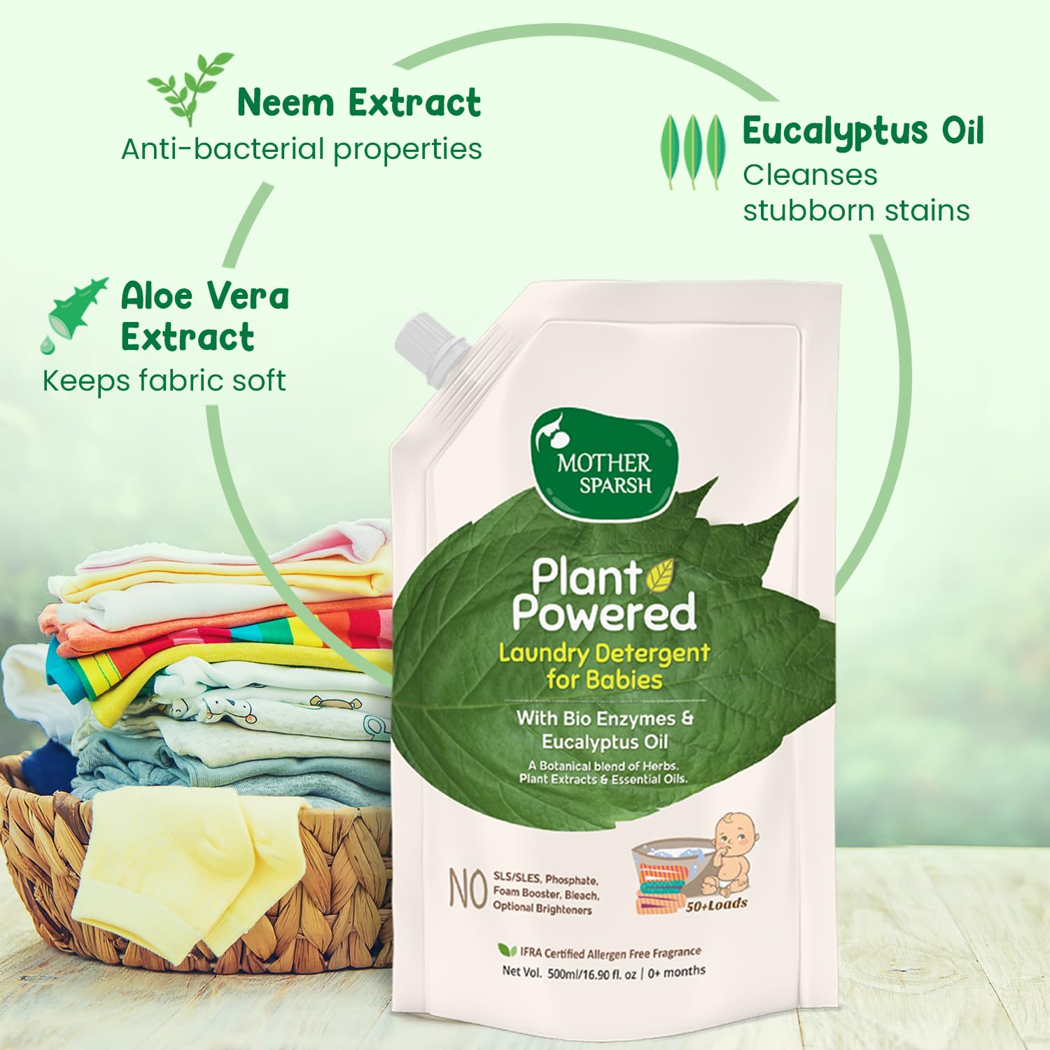 Mother Sparsh Plant Powered Laundry Detergent for Babies - Refill Pack - 500ml (Pack of 3) - Laadlee