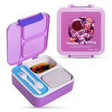 Nova Kids Astronaut 3 Compartment Bento Lunch Box ith Spoon, Fork And Stainless Steel Gravy Box - Purple
