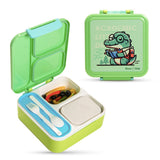 Nova Kids Dino 3 Compartment Bento Lunch Box with Spoon, Fork And Stainless Steel Gravy Box - Green