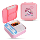 Nova Kids Unicorn 3 Compartment Bento Lunch Box with Spoon, Fork And Stainless Steel Jar - Pink