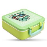 Nova Kids Dino 3 Compartment Bento Lunch Box with Spoon, Fork And Stainless Steel Gravy Box - Green