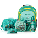 Nova Kids Car Racing 16Inch School Bag With Lunch Bag, Pencil Pouch, Lunch Box And Water Bottle - Green