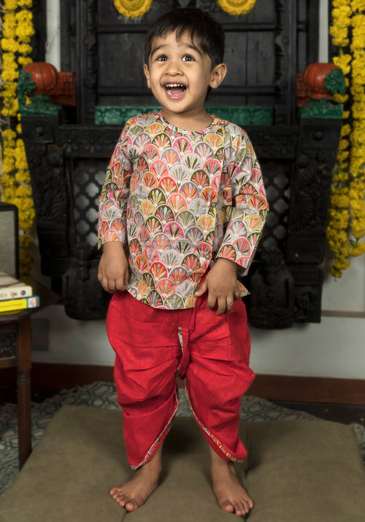 Polka Tots Full Sleeves Floral Print Baby Angrakha with Dhoti - Red