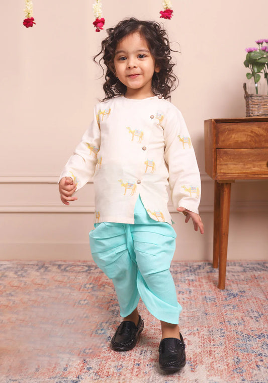 Polka Tots Full Sleeves Camel Embroidery Baby Angrakha Top With Dhoti - cream