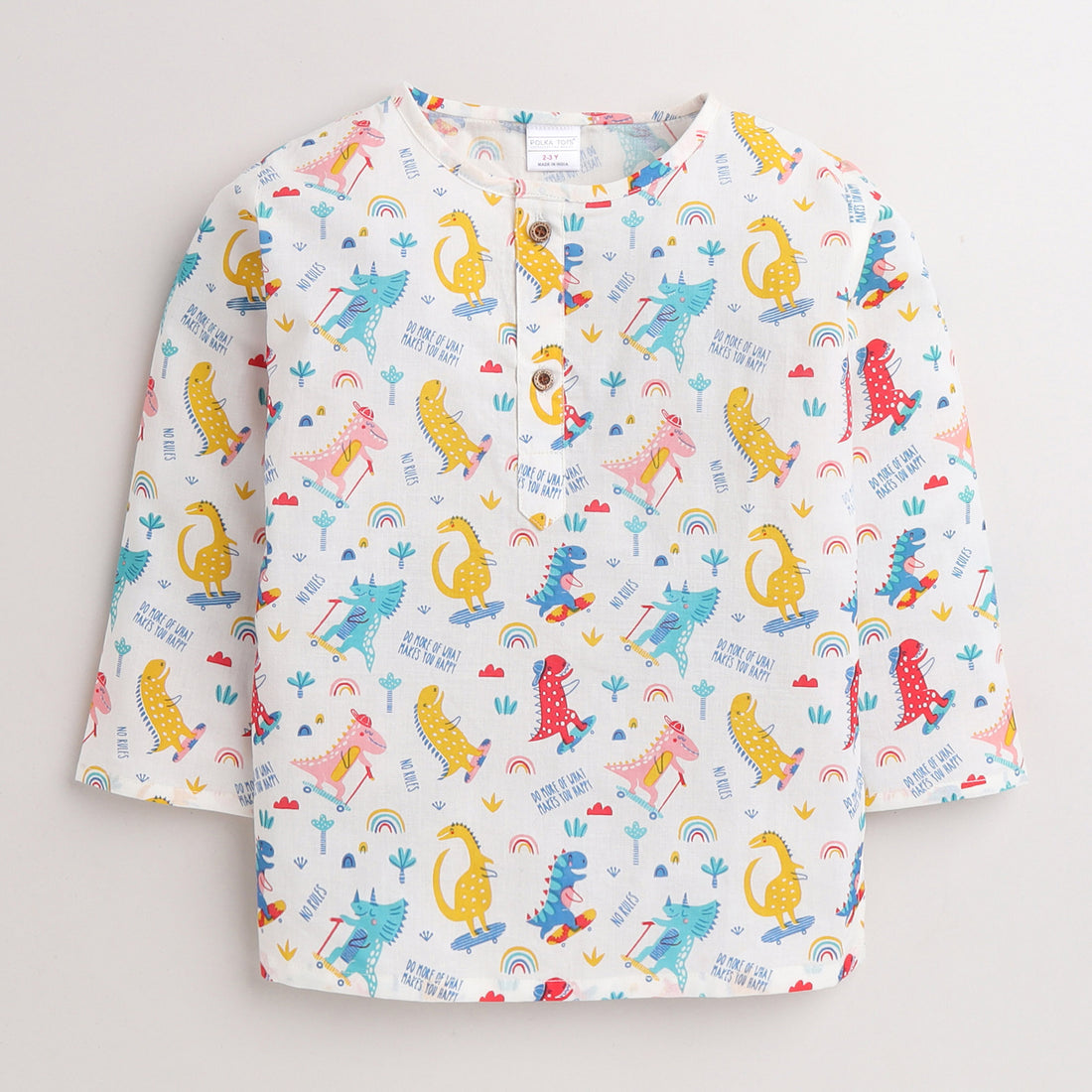 Polka Tots Full Sleeves Night Wear Dinosaur Kurta Pyjama - White - Laadlee